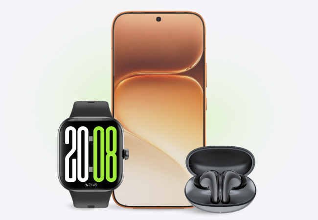 Front shot of the Honor 600 smartphone next to a pair of white HONOR Choice Earbuds S8 in their open charging case and an HONOR Choice Watch 2 Pro with a dark strap, arranged neatly on a plain background.