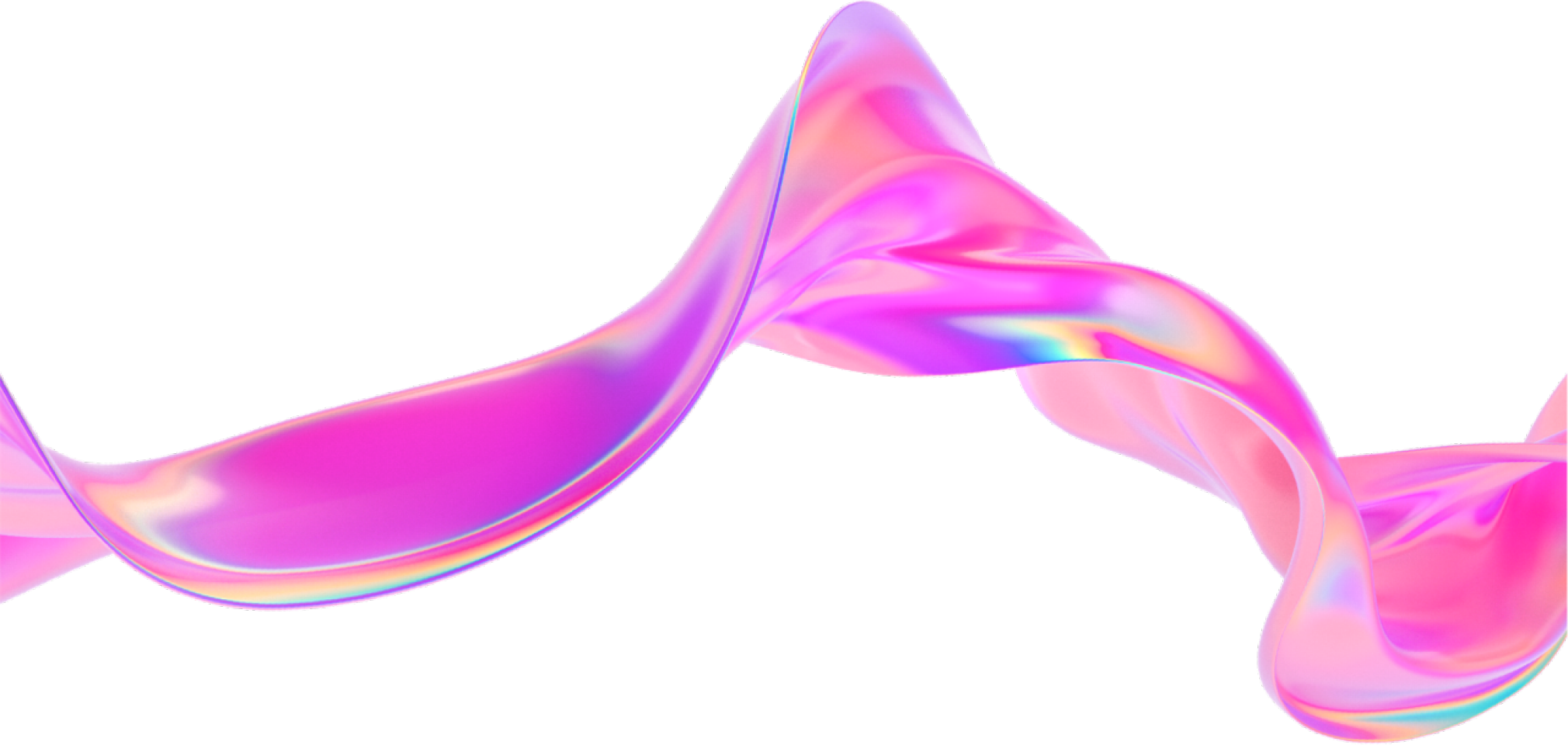 A swirling, iridescent ribbon in shades of pink, purple, blue, and gold against a white background.