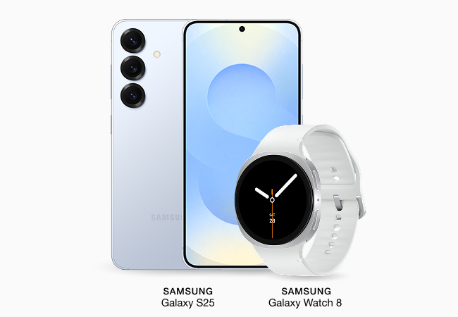 A light purple Samsung Galaxy S25 phone is positioned behind a white Samsung Galaxy Watch 7.
