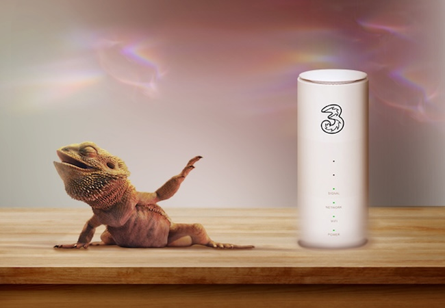  bearded dragon named Jeff sits on a wooden table next to a white, Three 5G router. The lizard's textured scales contrast with the smooth, minimal design of the standing router against a light gray background.