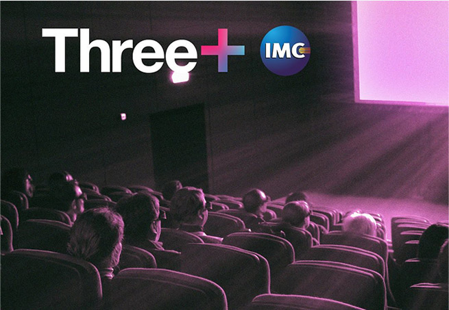 Three+ and IMC Cinemas partnership promotion with an audience seated in a cinema