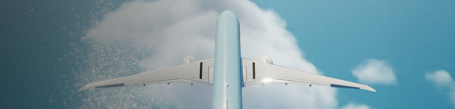 An overhead view of a passenger airplane is seen flying over a fluffy white cloud. The plane's wings reflect the bright sun, which also casts a shimmering light on the cloud below, making it sparkle. The deep blue ocean is visible in the background.