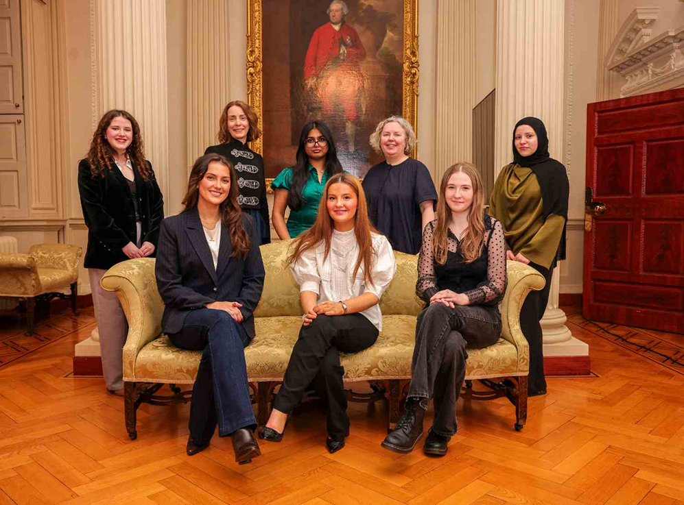 Elaine Carey and the 2025 Trinity Provost’s STEM Scholars pose for a group photo at Trinity College Dublin.