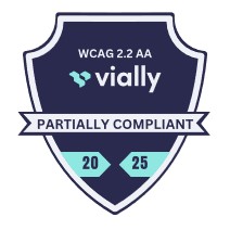 A shield-shaped badge with a dark blue background. At the top, "WCAG 2.2 AA" is written in white. Below that is the Vially white logo. A ribbon across the middle of the shield reads "PARTIALLY COMPLIANT" in white. At the bottom, two light blue chevron shapes contain the numbers 2025. A shield-shaped badge with a dark blue background. At the top, "WCAG 2.2 AA" is written in white. Below that is the Vially white logo. A ribbon across the middle of the shield reads "PARTIALLY COMPLIANT" in white. At the bottom, two light blue chevron shapes contain the numbers 2025.