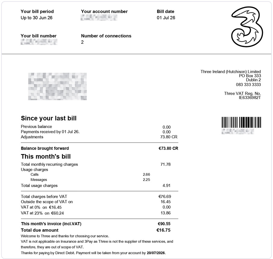 Example Three Ireland bill showing account details, monthly charges, usage charges, VAT and total amount due.