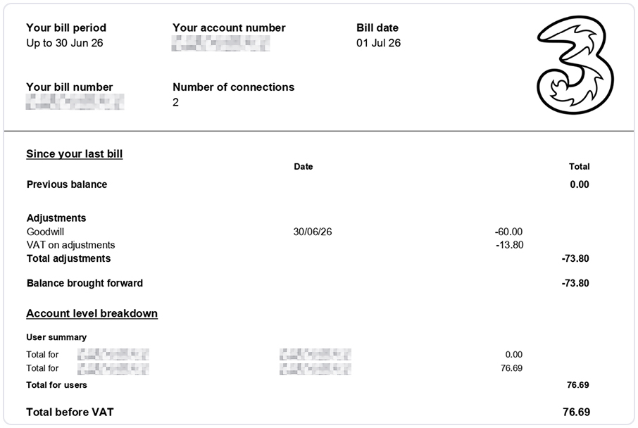 Example Three Ireland bill showing previous balance, account-level breakdown, adjustments, balance brought forward and total charges before VAT.