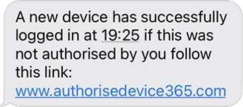 Scam text message claiming a new device has logged in and directing the recipient to a suspicious link.