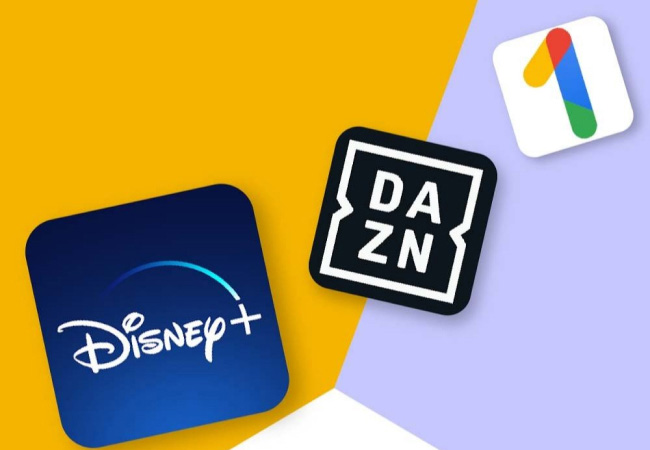Different subscription services including Disney+, DAZN and Google 1.
