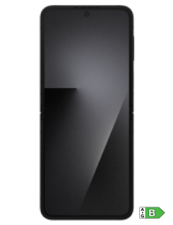 Front view of a black Samsung Galaxy Z Flip7 FE phone fully open.