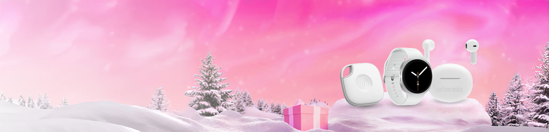 White Samsung tracker, smartwatch, and wireless earbuds with charging case standing on snowy ground, against a pink, festive winter background with Christmas trees and wrapped gifts.