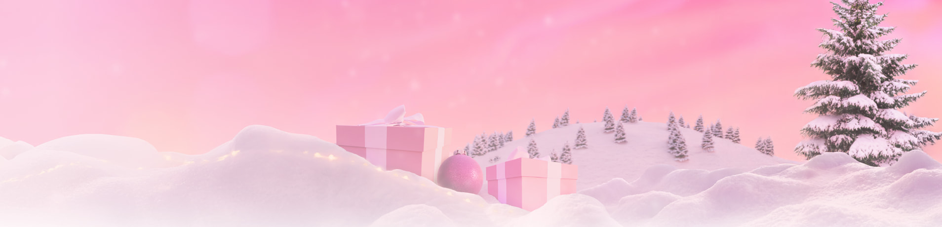 Snowy landscape with pink wrapped presents and Christmas trees under a pink sky.