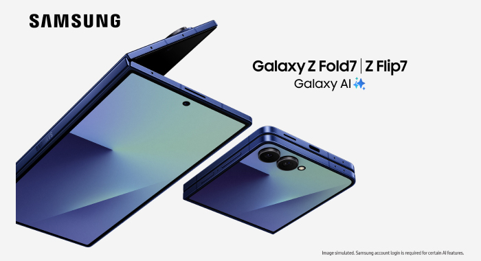 A close-up image shows two Samsung foldable phones against a white background. The phone on the left is a Galaxy Z Fold, unfolded to reveal its large inner screen. The phone on the right is a Galaxy Z Flip, shown from the back.